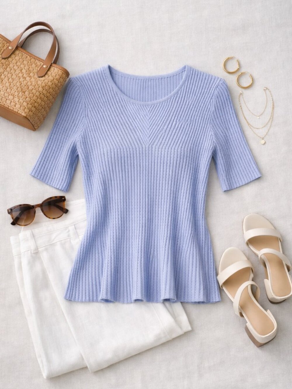 ANTONIO MELANI Light Periwinkle Blue Ribbed Short Sleeve Knit Top Size M